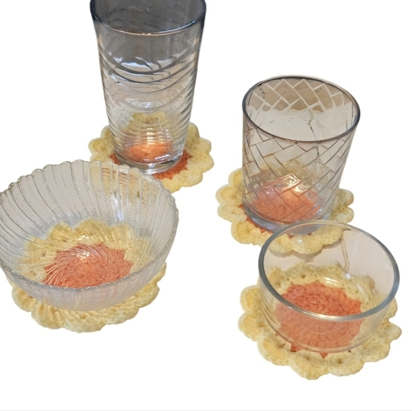 Hand Crafted Crochet Coasters Set of 4pcs Orange yellow flower handmade cup mats - Picture 9 of 17